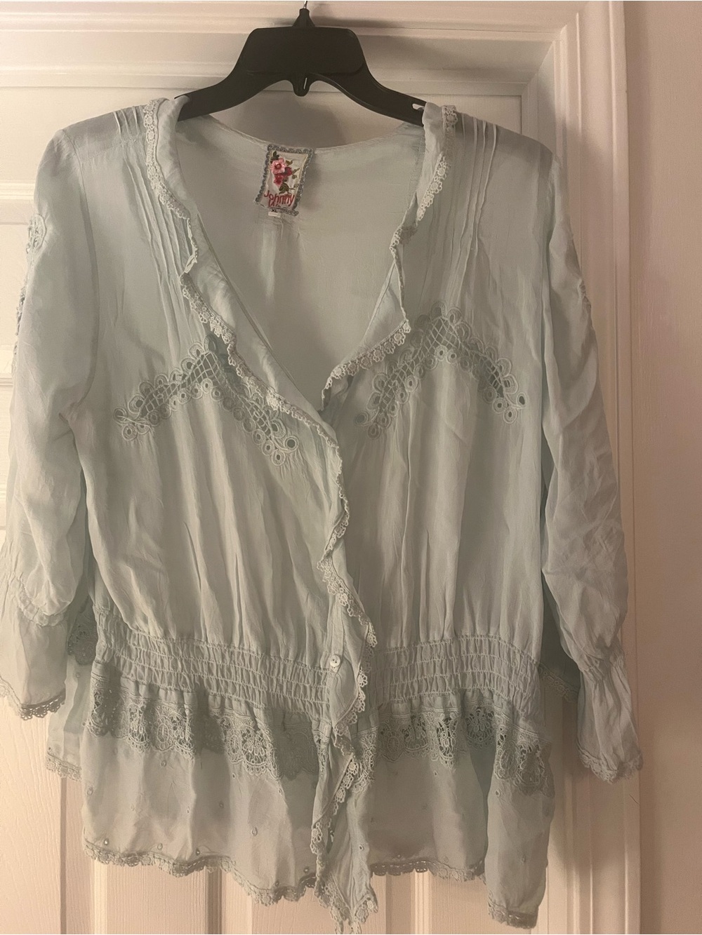 Johnny Was Lt Blue Georgette Lace-Trim Button-Front Smock Waist Cardigan Blouse